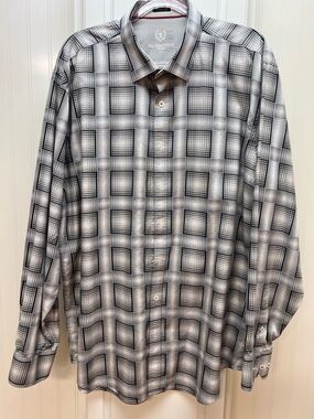 Bugatchi Black and White Plaid Long Sleeve Dress Shirt